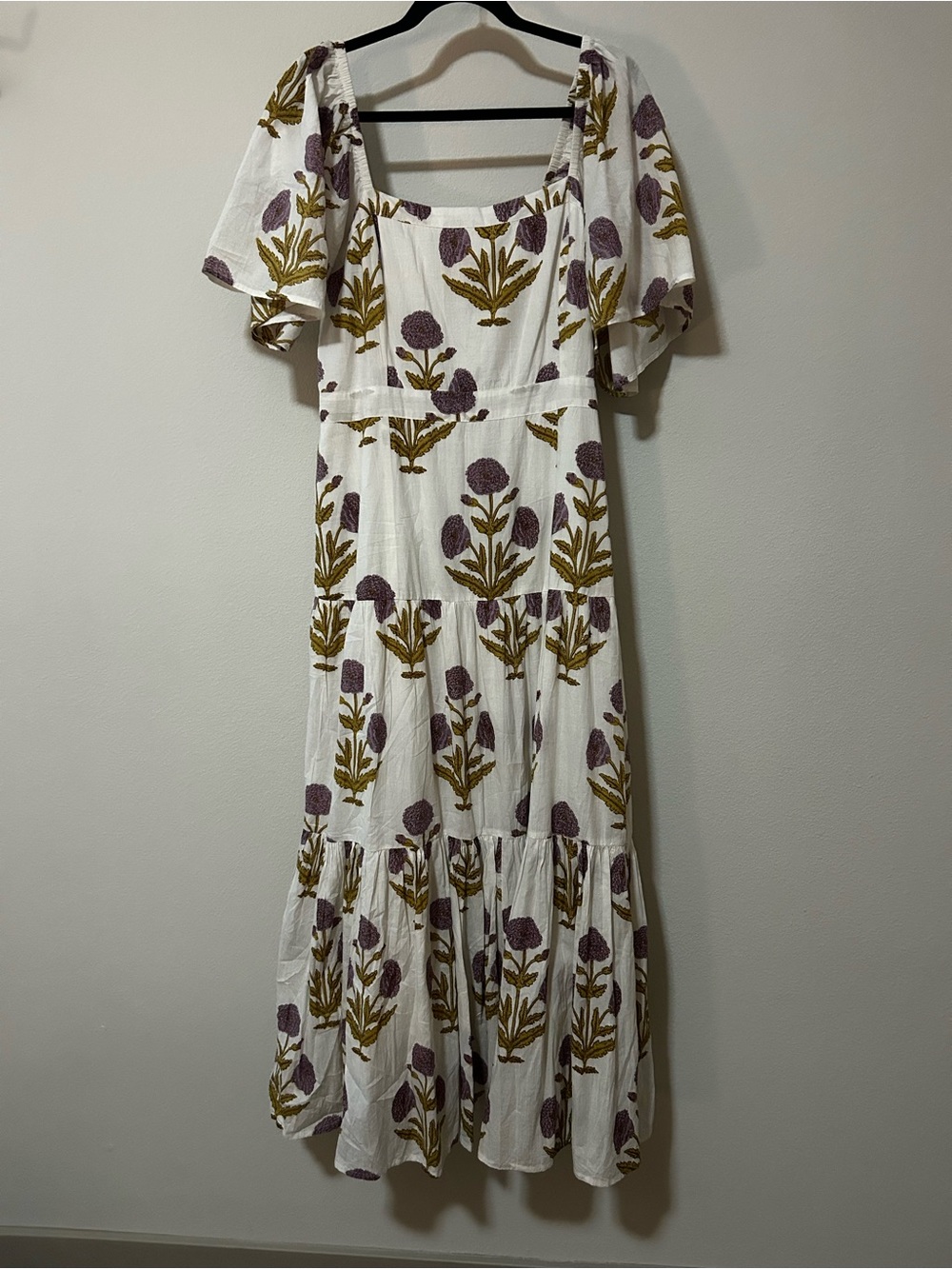 Pink Chicken White Floral Tiered Maxi Dress with Purple and Olive Print